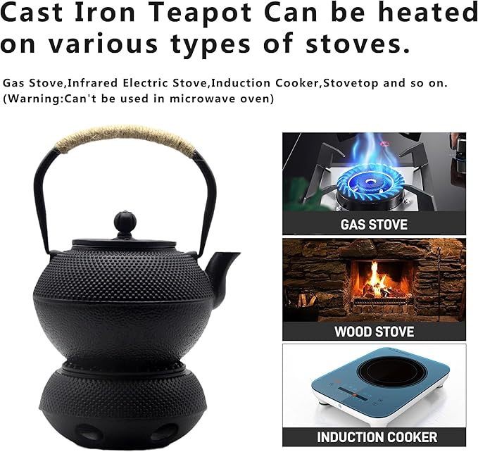 YJX 40.6oz Cast Iron Teapot Set with Warmer, Japanese Tea Set for Stovetop, 1200ml Black Tea Pot and Tea Cups Set