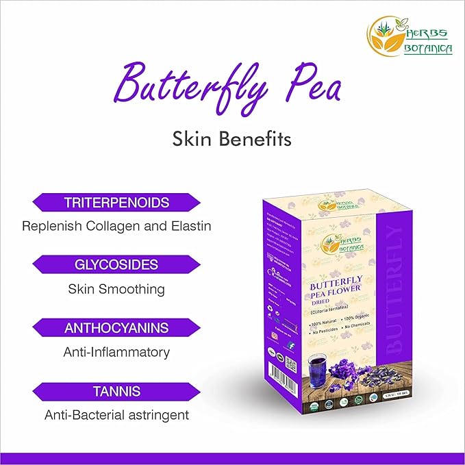 Herbs Botanica Dried Butterfly Pea Flowers For Tea Premium Herbal Tea 100% Clitoria Ternatea Flower Non Toxic, Vegan, Caffiene Free