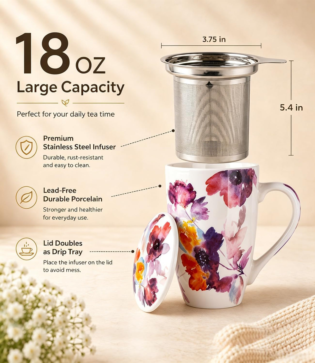 AmorArc Tea Cup With Infuser and Lid, 18oz Loose Leaf Tea Mug With Steeper