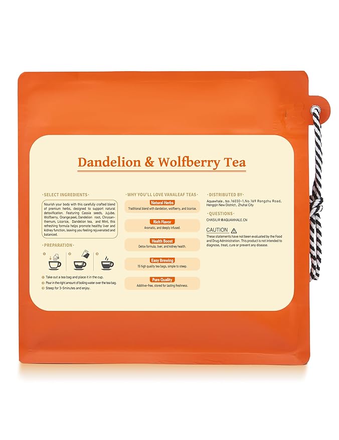 Organic Dandelion Root & Wolfberry Detox Tea Bags - Liver & Kidney Health Support, 15 Compostable Corn Fiber Bags (Caffeine-Free, Plastic-Free