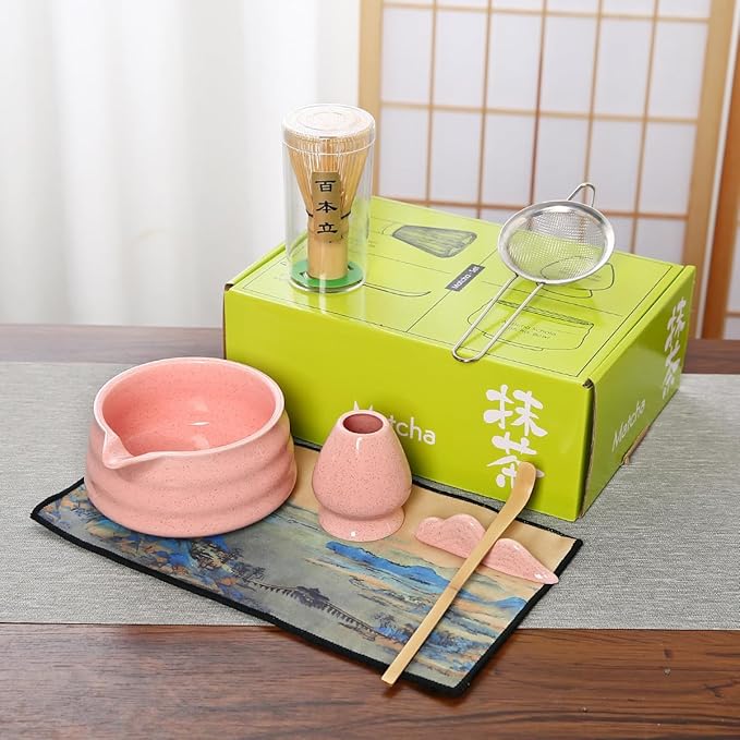 Matcha Tea Ceremony Set with Pink Ceramic Bowl, Bamboo Whisk, Strainer and Mat, 7-Piece Traditional Japanese Style