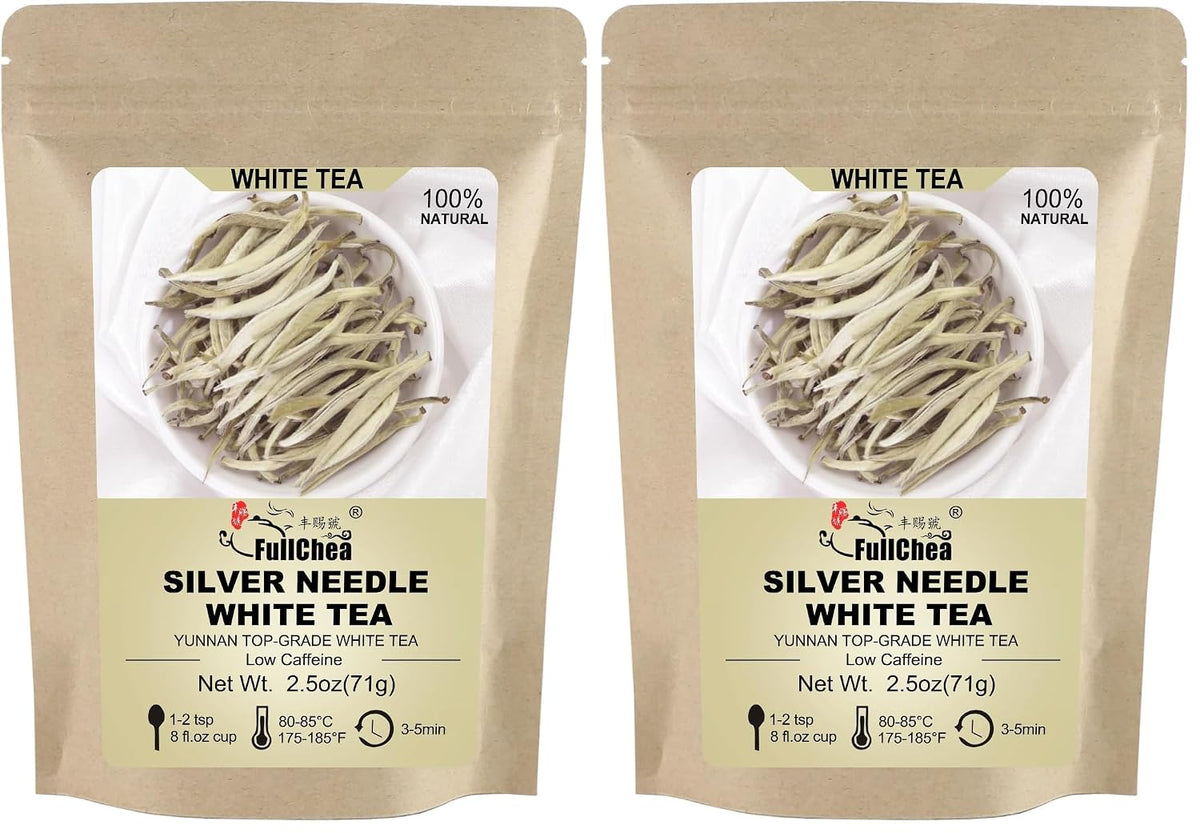 FullChea - White Tea Loose Leaf - Yunnan Silver Needle White Tea - Low Caffeine - Bai Hao Yin Zhen - Refreshing Woody Aroma - 2.5oz/71g (Pack of 2)