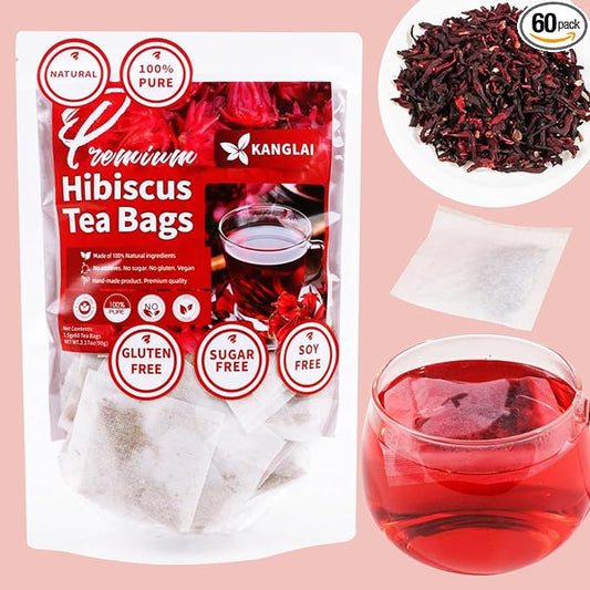 Premium Hibiscus Tea Bags, 60 Count, 100% Pure & Natural Dried Hibiscus Flowers - No Sugar, Caffeine-Free, Gluten-Free, Vegan. Tart & Refreshing