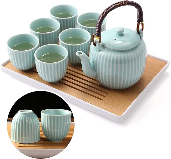 Dujust Japanese Tea Set, Cyan-blue Porcelain Tea Set with 1 Teapot Set, 6 Tea Cups, 1 Tea Tray, 1 Stainless Infuser