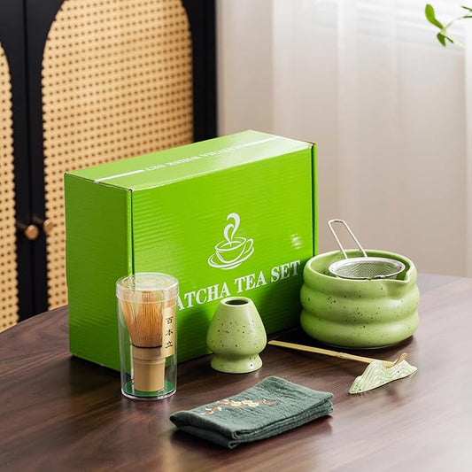7Pcs Japanese Matcha Tea Set, Matcha Kit with Matcha Bowl (with Pouring Spout), Matcha Whisk, Whisk Holder, Strainer - Elegant Matcha Set for Gifting and Personal Use, Gift Box Packaging