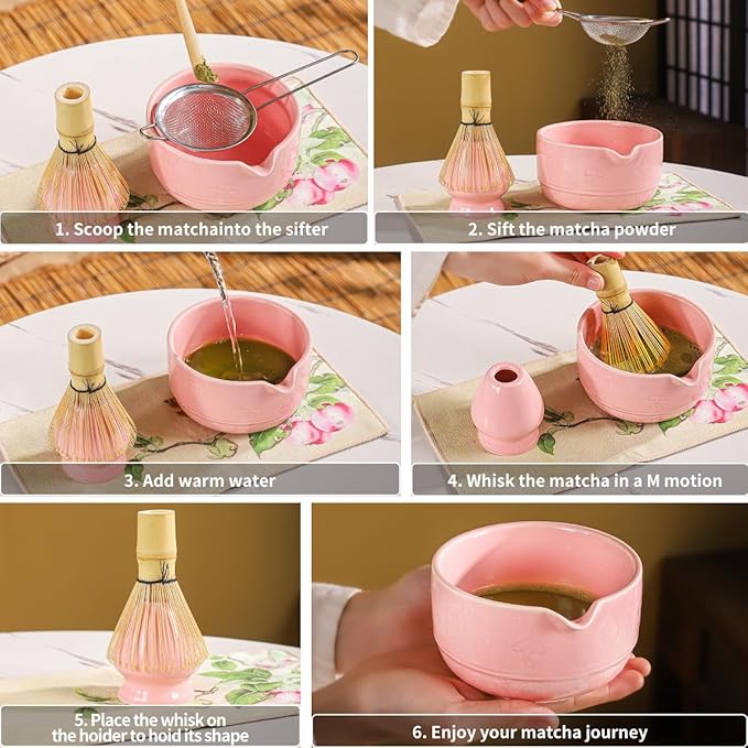 Matcha Set, 8-Piece Ceramic Matcha Bowl & Whisk Kit with Mushroom Pattern, Traditional Japanese Chawan, Bamboo Chasen, Scoop & Sifter