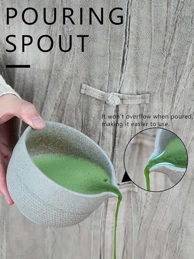 Matcha Tea Set – 4 Piece Traditional Japanese Matcha Kit with Pouring Spout Bowl, Whisk, Holder, Scoop & Guide