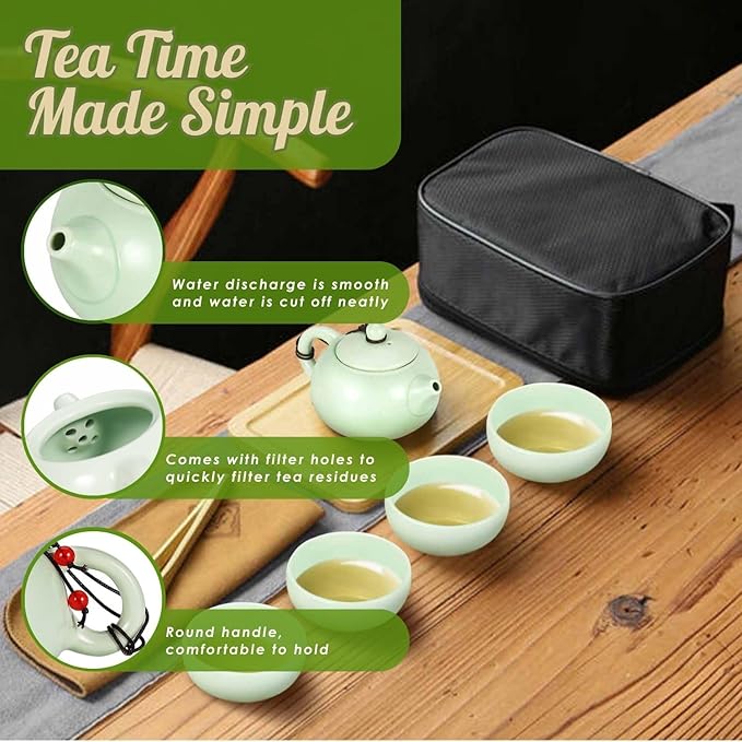 Flexzion Chinese Japanese Vintage Kungfu Gongfu Tea Set Portable Travel Teapot, (Jade Green Celadon/Greenware) Porcelain Ceramic Tea Pot, 4 Tea Cup, Bamboo Tea Tray, Tea Mat, Portable Travel Bag