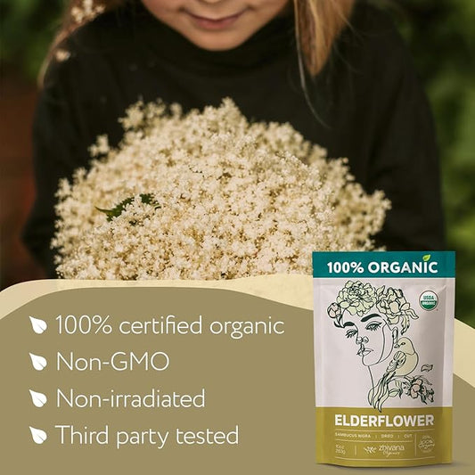 Elderflower Tea (10oz.) - Organic Dried Elderflowers - Elder Flowers Dried Herbs, Te de Sauco, Flor De Sauco Organico - Respiratory Tea