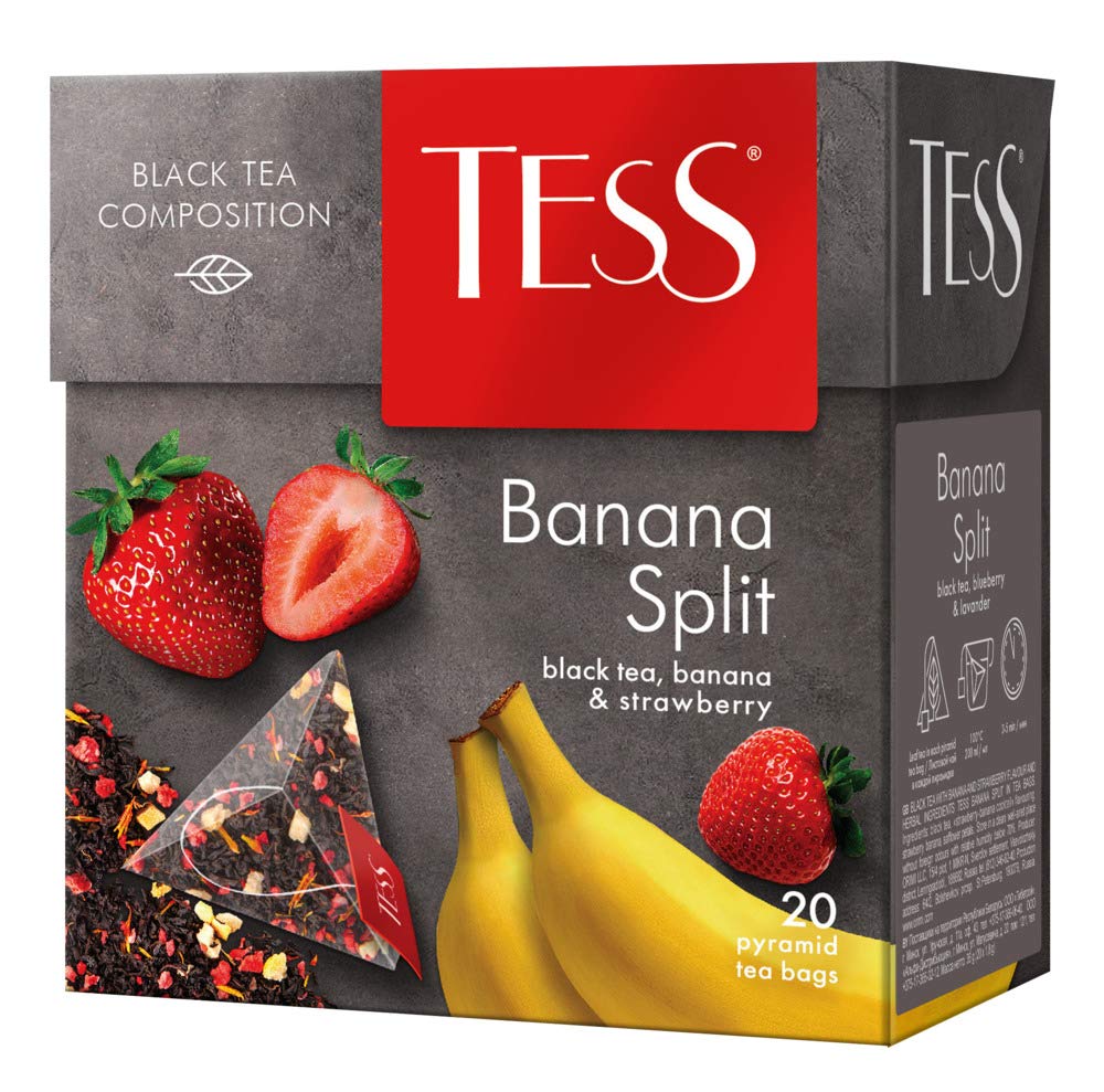 Black Tea Tess Banana Split Strawberry Beverages Grocery Gourmet Food 20 Pyramids of Tea Bags