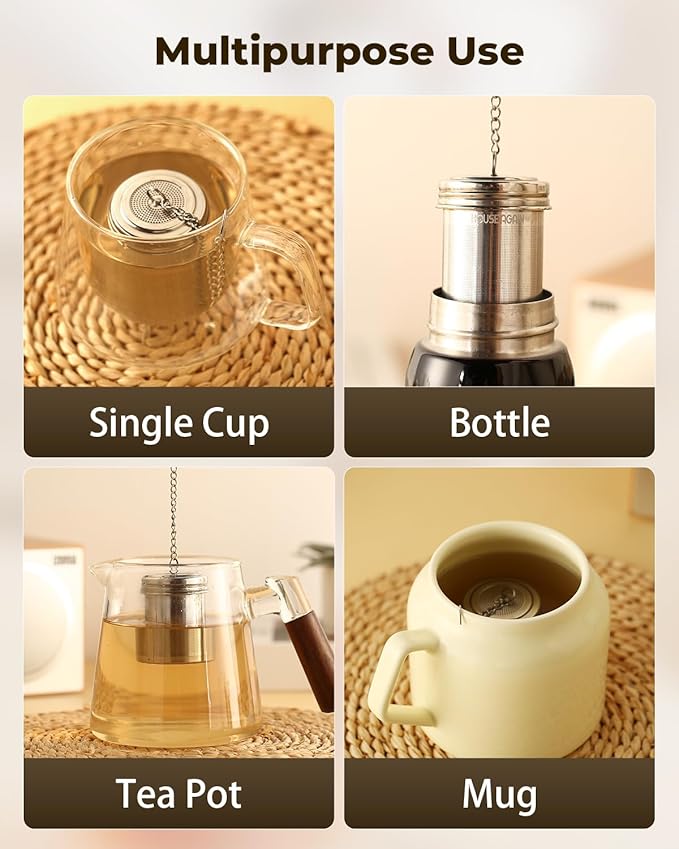 House Again 2 Pack Tea Strainers for Loose Tea, Extra Fine Mesh Tea Infusers, 304 Stainless Steel with Extended Chain Hook, Loose Leaf Tea Steeper