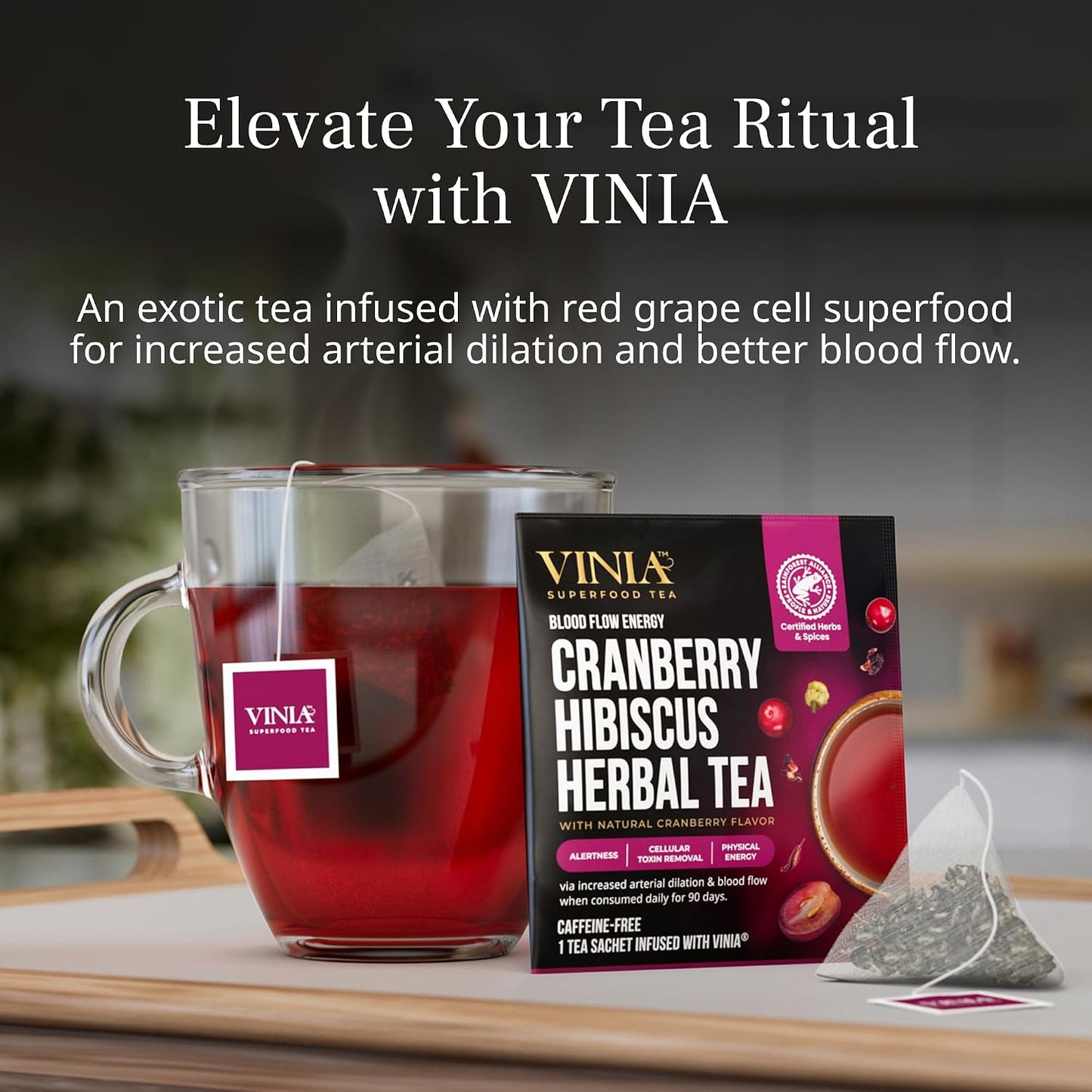 VINIA Blood Flow | Cranberry Hibiscus Herbal Tea, Piceid Resveratrol, 30 Ct