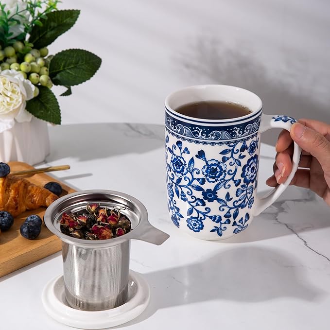 AmorArc Porcelain Tea Mug with Infuser and Lids, 18 Oz Coffee Cup Strainer with Bag Holder for Loose Leaf Tea