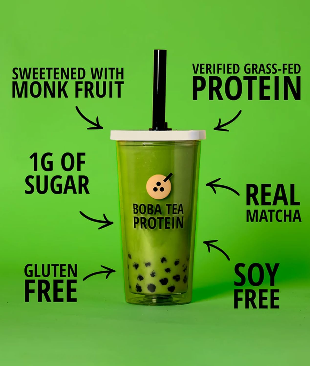 Boba Tea Protein Matcha Latte | 25g Grass-Fed Whey Protein Isolate Powder | Gluten-Free & Soy-Free Bubble Tea Protein Drink | Real Ingredients & Lactose-Free Protein Drink | 25 Servings