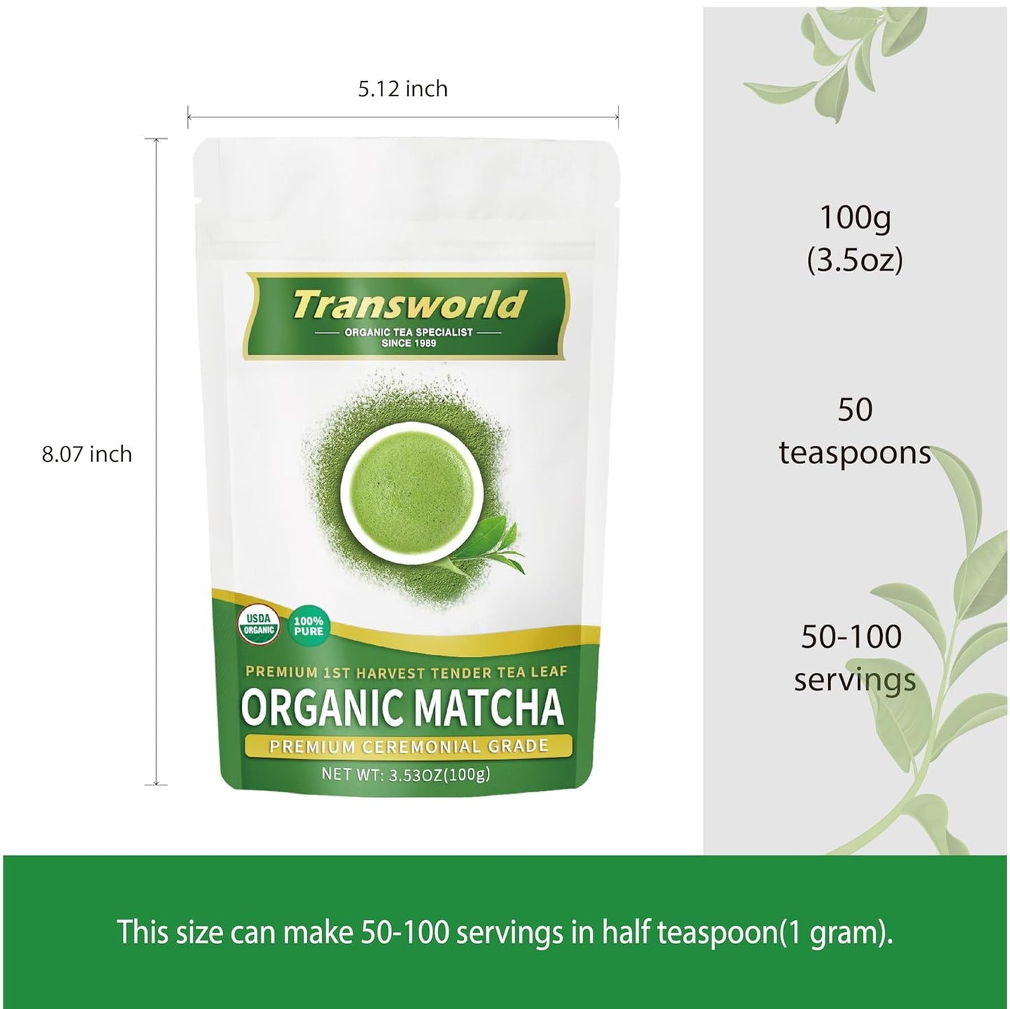 Organic Matcha Green Tea Powder First Harvest Ceremonial Grade 100% Pure Premium Matcha for Drinking and Latte No Additives 3.53oz(100g) Jiuyu