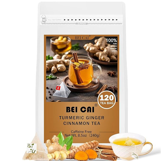 BEICAI 240g/120-Count Premium Turmeric Ginger Cinnamon Tea Bags | 100% Natural, Triangular Corn Fiber for Full-Bodied Brew | Supports Digestive & Immune Health (120)