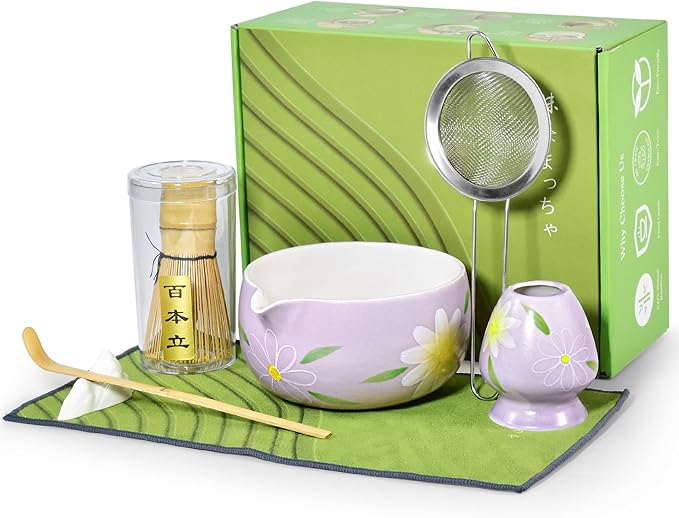 7 Piece Matcha Whisk Set - Ceramic Matcha Bowl with Spout, Bamboo Whisk, Scoop, Sifter, Holder & Towel - Japanese Matcha Making Kit for Home, Gifts for matcha Lovers