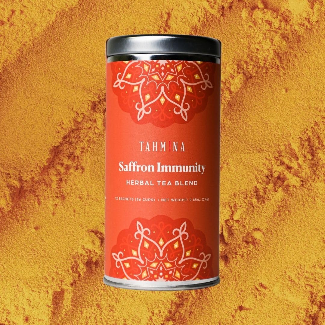 Tahmina Saffron Immunity Caffeine Free Tea: Calming Turmeric and Ginger with Saffron, 12 Biodegradable Pyramid Tea Bags, Makes 36 Cups of Tea (1 Pack)