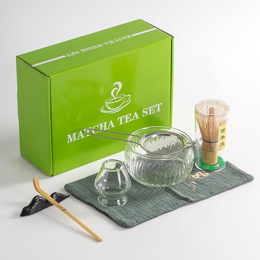 Japanese Tea Set (7pcs) Matcha Whisk Set Matcha Bowl with Pouring Spout Bamboo Matcha Whisk (chasen) Scoop (chashaku) Matcha Whisk Holder Tea Making