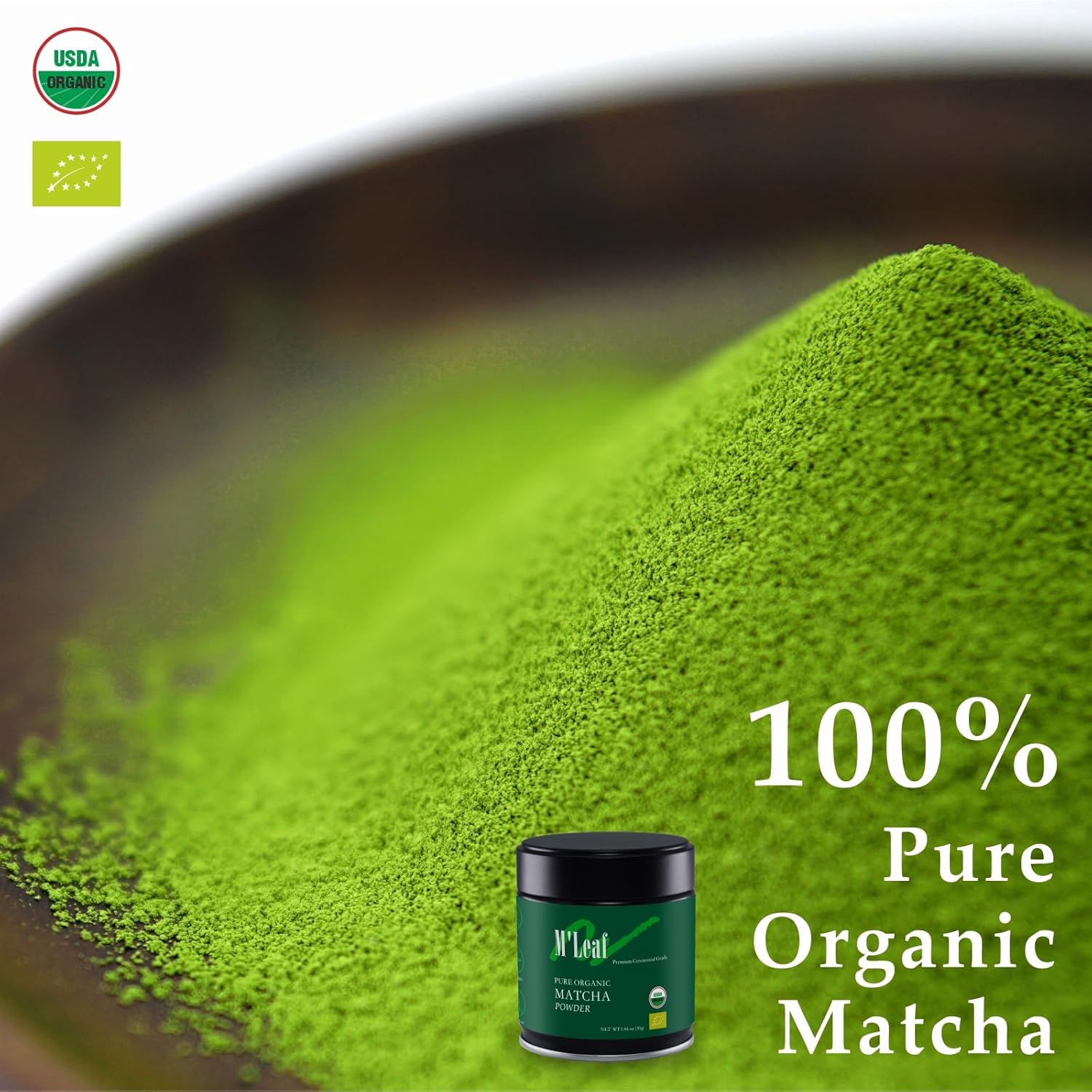 M'leaf Matcha Powder-Organic,Ceremonial Grade,Authentic 1st Harvest,Unsweetened,USDA,No Additives,Air-tight Tin，low-caffeine(1.06oz/30g)