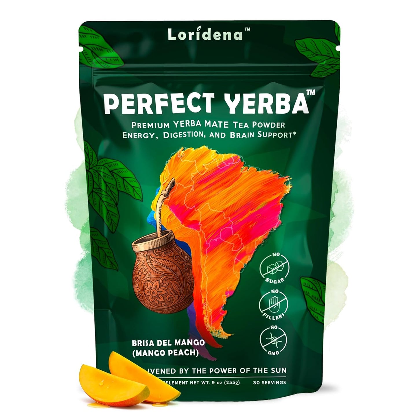 Perfect Yerba - Yerba Mate Tea Powder Instant Drink with Nootropics, Probiotics & Enzymes - Clean Energy, Focus, Gut Support - 100mg Natural Caffeine, No Sugar - Mango Peach, 30 servings