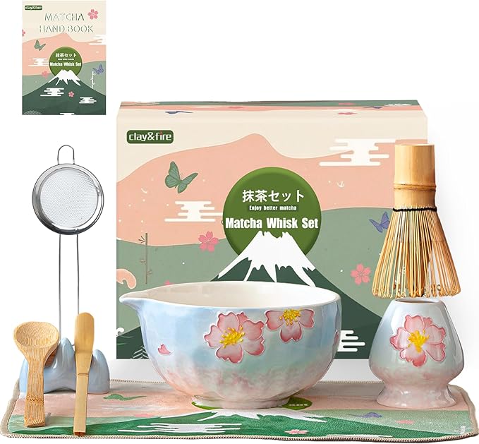 Clay&Fire Matcha Whisk Set，9 Pcs Ceramic Matcha Set, 15 OZ Matcha Bowl with Spout and Whisk，Matcha K