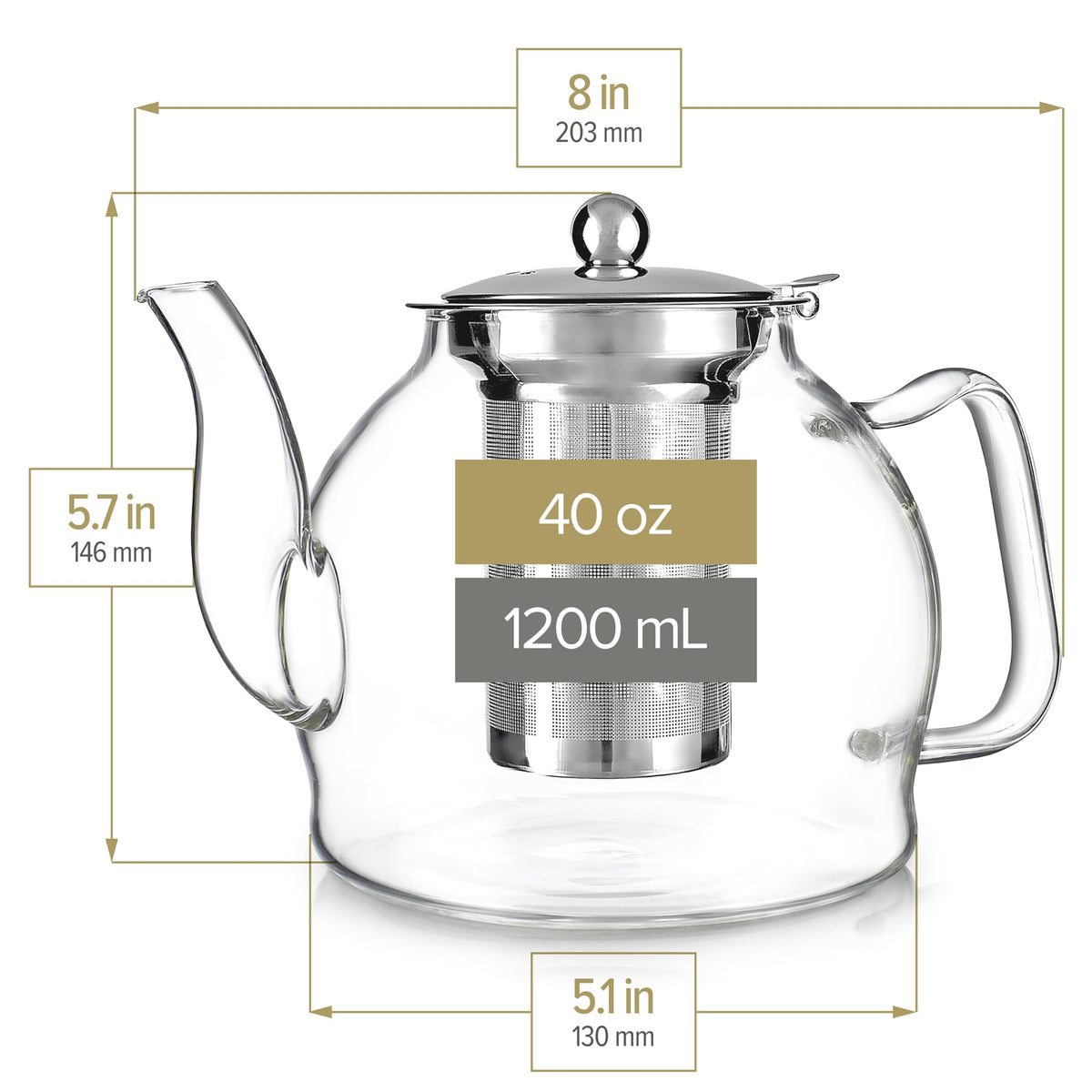 Teabloom Dublin Glass Teapot – Fine Borosilicate Glass – Stovetop and Microwave Safe – Removable Stainless Infuser – Ideal