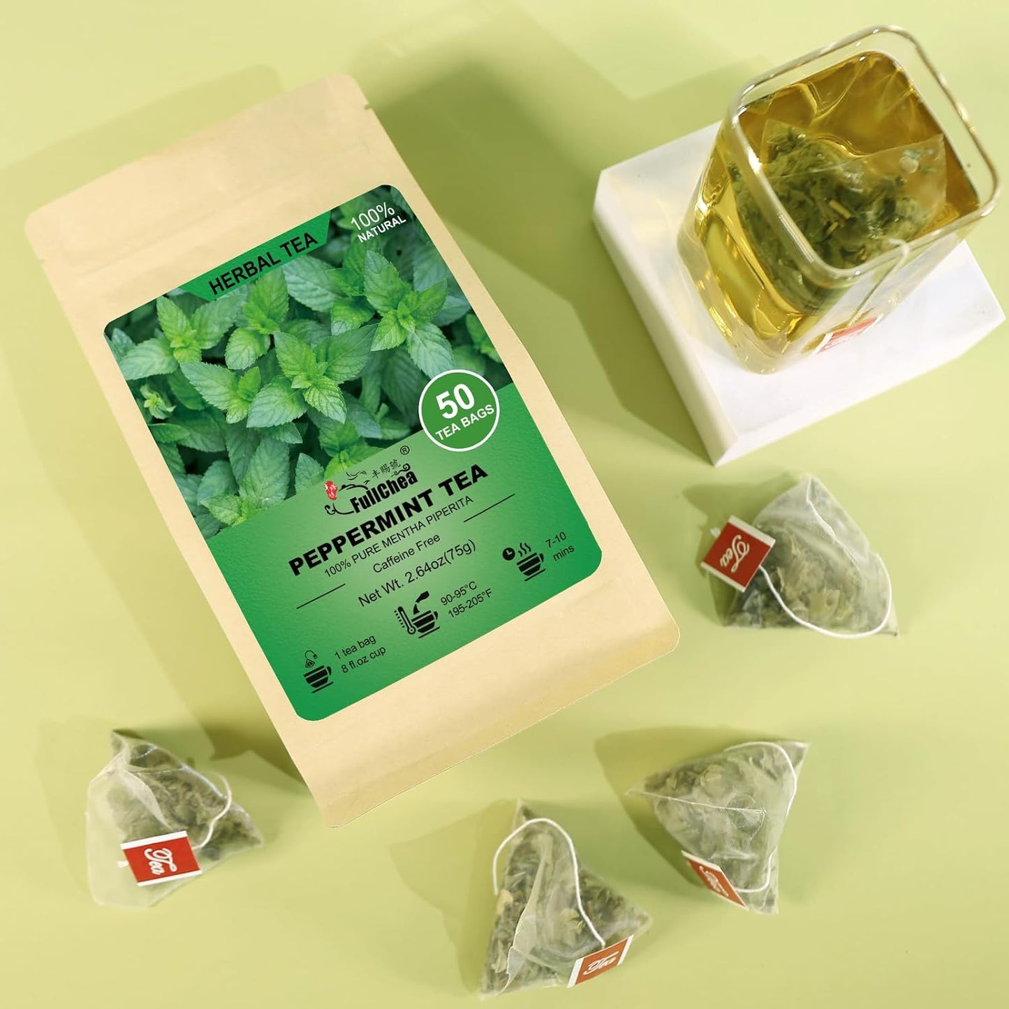 FullChea Peppermint Tea Bags, 50 Counts, Te De Menta, Non-GMO | Pure Menta Piperita, Refreshing &amp; Minty, Caffeine-Free, Freshen Breath &amp; Aid Digestion, No Additives, Resealable Pouch