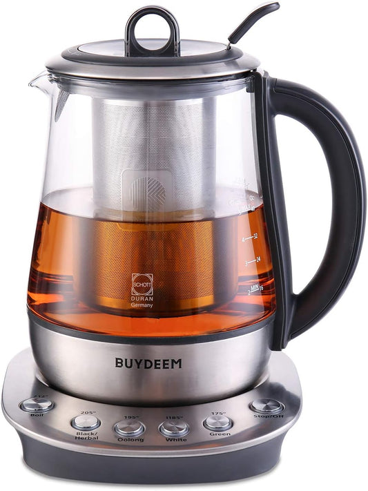 BUYDEEM K2423 Tea Maker, 5 Temperature Settings, Removable Infuser, 1.2L | 316 Stainless Steel, Heat Resistant DURAN® Glass Electric Kettle, Auto Keep Warm