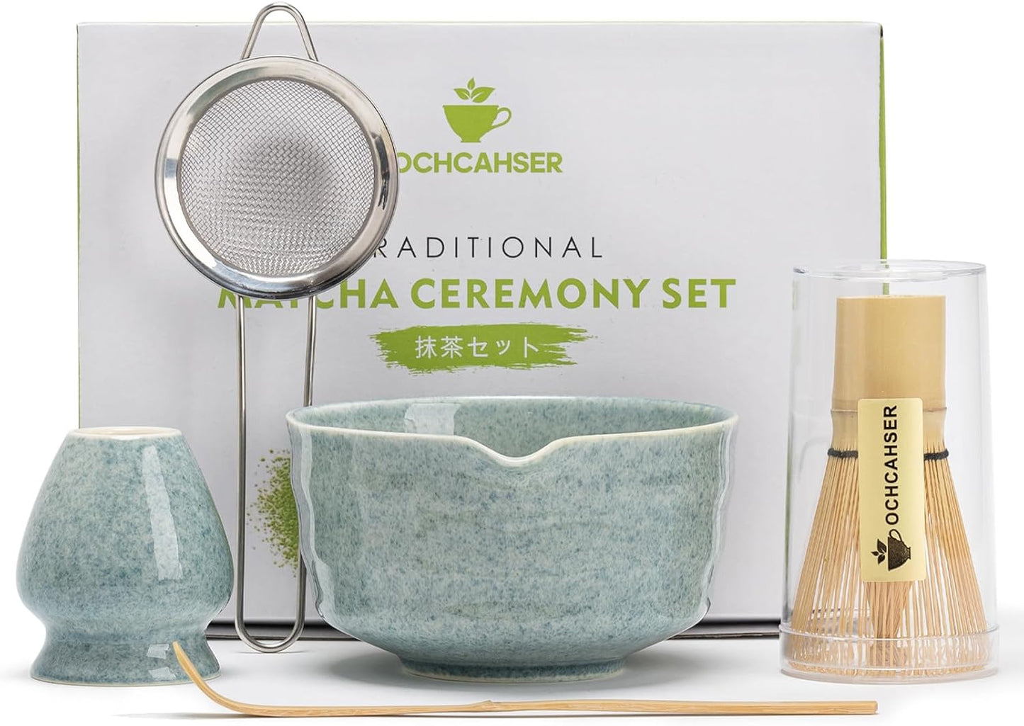 Ochcahser Matcha Set, Matcha Whisk Set Includes 17 oz Matcha Bowl | Matcha Holder, Bamboo Matcha Whisk and Scoop, Sifter, 5 Pce Mottled Blue Glaze Ceramic Matcha Kit for Tea Lovers.