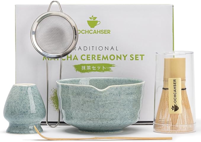 Matcha Kit Set, Matcha Whisk Set Includes Matcha Bowl And Holder, Bamboo Matcha Whisk, Scoop and Matcha Sifter, 17 oz Mottled Blue Glaze Ceramic Matcha Kit for Tea Lovers