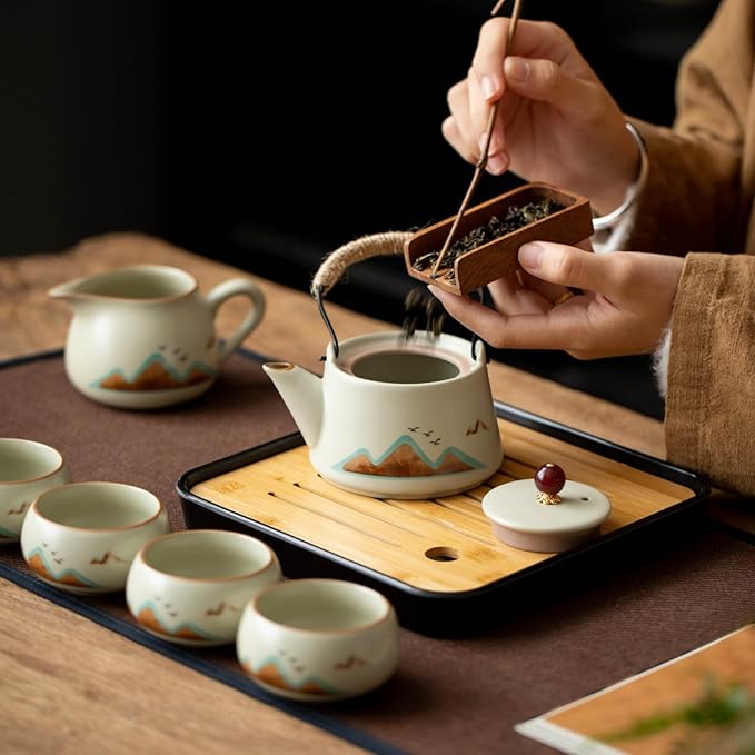 7-Piece Ruyao Ceramic Chinese GongfuTea Set, Traditional Crackle Glaze Teapot with Cups and Bamboo Tray, Gift Box Included