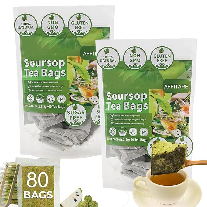 Soursop Graviola Leaf Tea organic, 100% Natural soursop leaves organic. No Sugar, No Caffeine, No Gluten, Vegan (Soursop- 2 Bag (80 Pcs))
