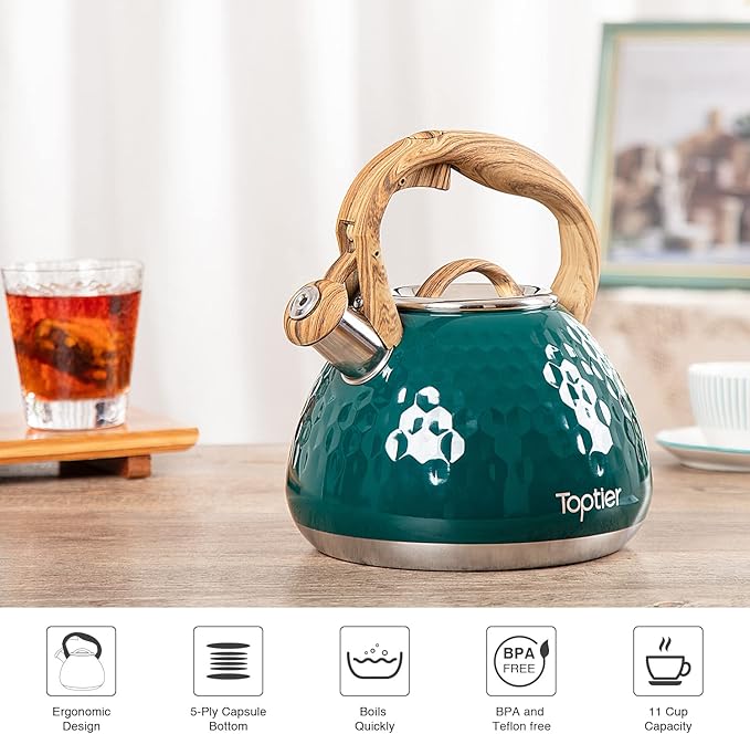 Tea Kettle, Toptier Teapot Whistling Kettle with Wood Pattern Handle Loud Whistle