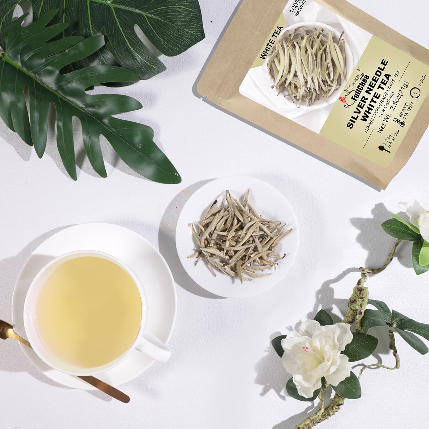 FullChea - White Tea Loose Leaf - Yunnan Silver Needle White Tea - Low Caffeine - Bai Hao Yin Zhen - Refreshing Woody Aroma - 2.5oz/71g (Pack of 2)