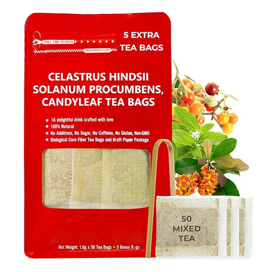 Natural Celastrus Hindsii Tea with Solanum Trilobatum & Stevia - 55 Count (+5 Tea Bags) - 4.59 oz, Bamboo Tong