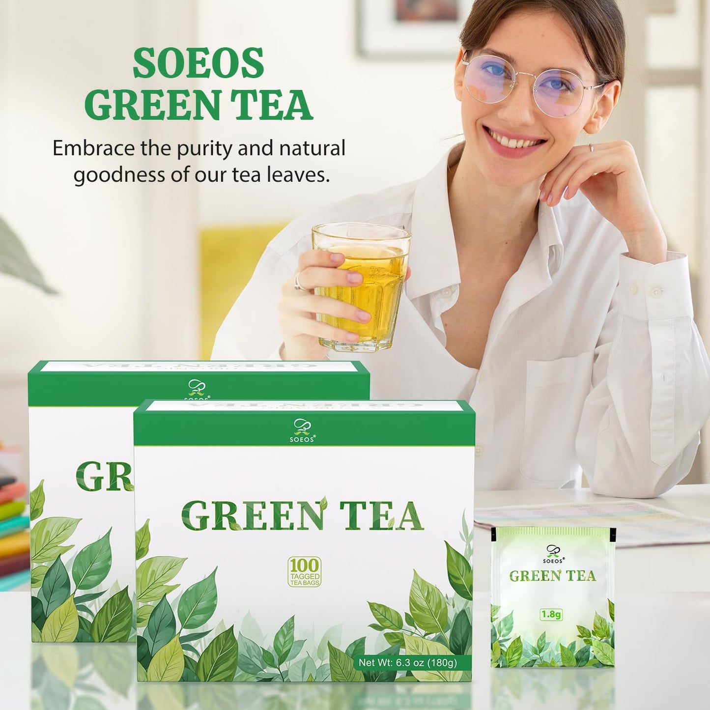 Soeos Green Tea, 6.3 oz (180g), 200 Tea Bags, Pack of 2, Refreshing and Fragrant, Sustainably Sourced, Ideal for Hot or Iced Tea, Long-Lasting Freshness