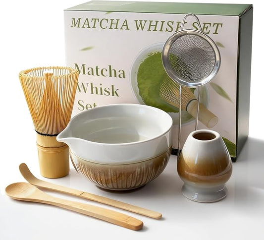 Matcha Whisk Set, Matcha Set, 6 Pieces, with Bamboo Whisk, Ceramic Bowl & Sifter Complete Matcha Powder Tea Includes Scoop & Spout Bowl
