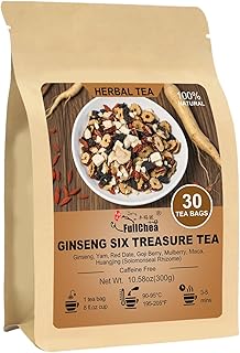 FullChea - Ginseng Six Treasure Tea, 30 Teabags, Traditional Chinese Herbal Blend for Kidney Health, Detox Tea With Ginseng, Mulberry, Huangjing, Maca, Goji Berry, Red Dates, Yam - Support Wellness