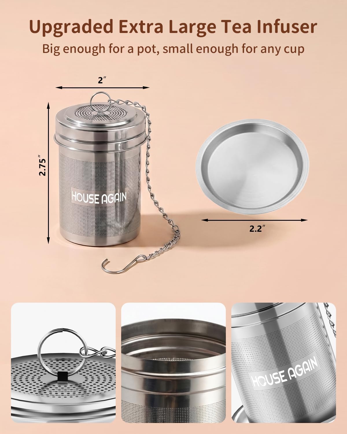 HOUSE AGAIN Large Tea Infuser, Extra Fine Mesh Tea Strainers for Loose Tea, 18/8 Stainless Steel Tea Strainer with Extended Chain Hook, Tea Steeper for Brew Tea, Spices &amp; Seasonings for Multi Cups