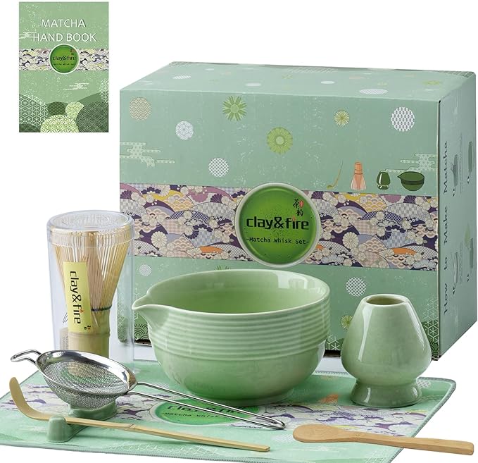 Clay&Fire Matcha Whisk Set, Ceramic Matcha Set, Matcha Bowl with Spout and Whisk, 9 pcs Matcha Tea K