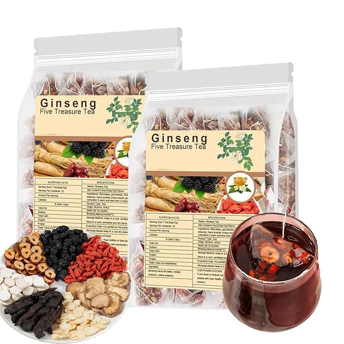 Kidney Herbal Tea Formula Ginseng Six Treasure Tea - Natural Chinese Traditional Herbal Ginseng Five Treasures Teabag For Men Women (A-10g x 50 Count)
