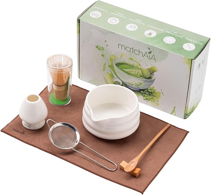 Matcha Whisk Set - Ceramic Bowl, Bamboo Whisk with Holder, Sifter, Schima Spoon, Spoon Rest and Tea 