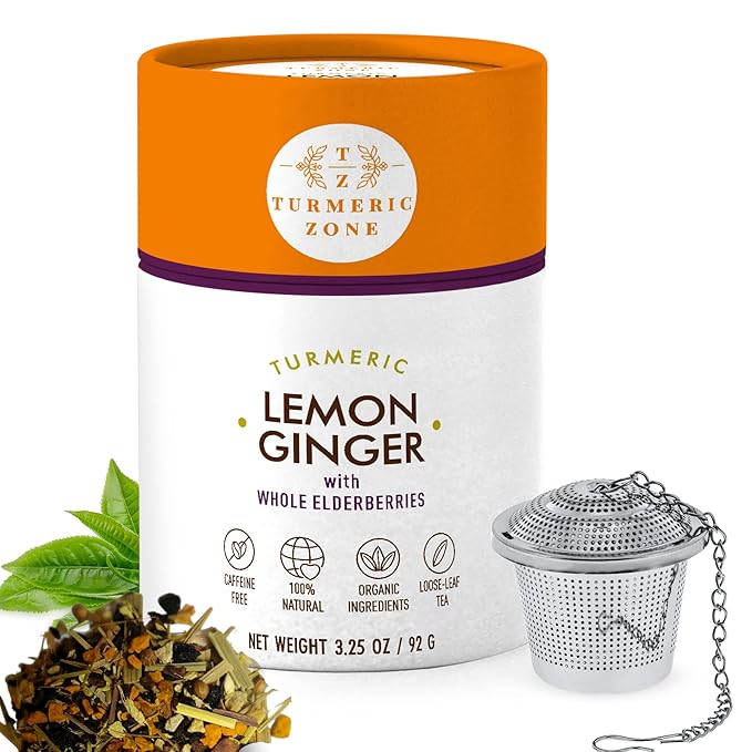 Turmeric Zone Organic Turmeric Lemon Ginger Decaf Tea with Elderberries and Roasted chicory root, Orange peel, Lemongrass, Lemon oil, Hibiscus flowers, Coriander seed, Cinnamon chips - 3.25 oz
