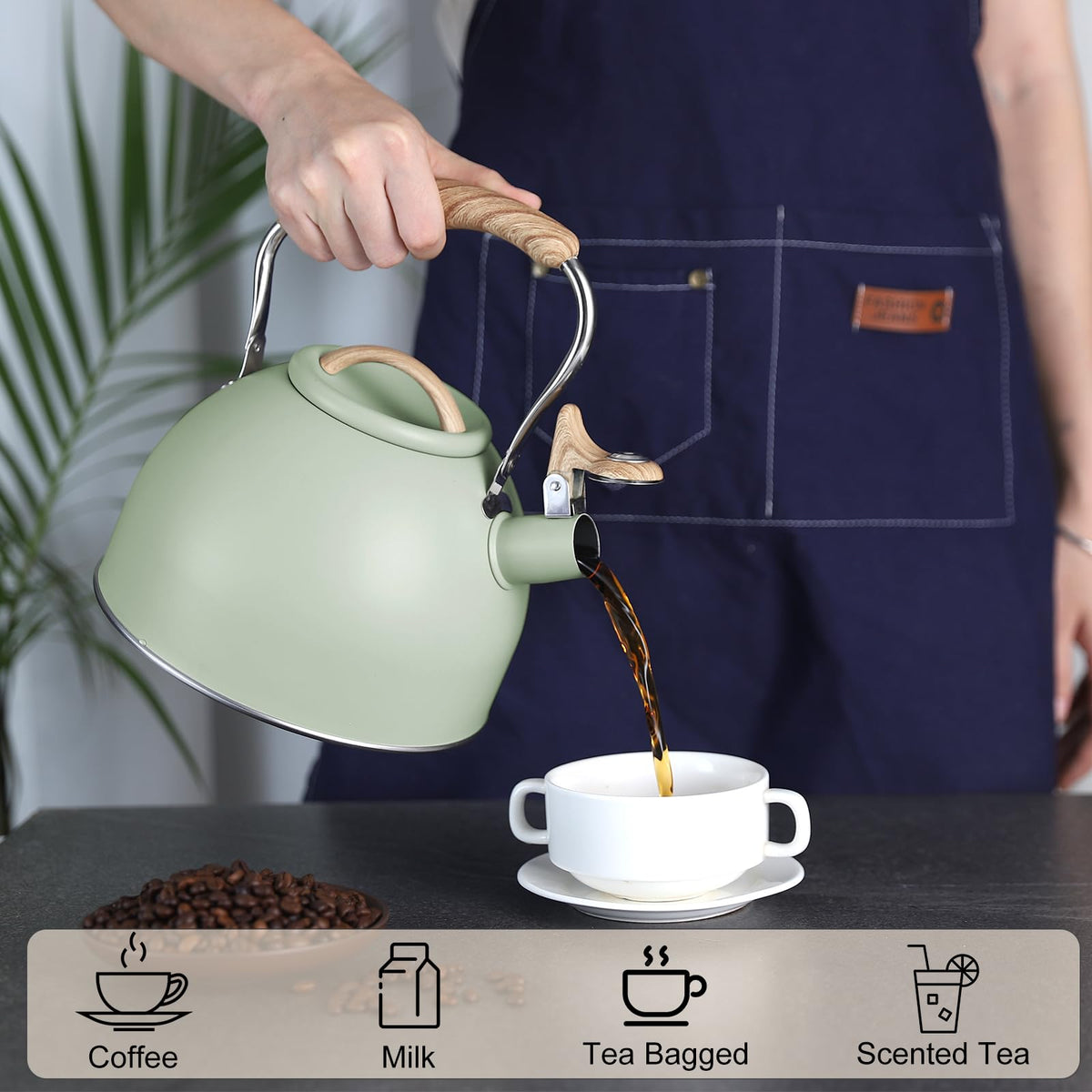 Tea Kettle, Vegoran 100 OZ / 3 Liter Whistling Tea Kettle, Tea Pots for Stove Top Food Grade Stainless Steel with Wood