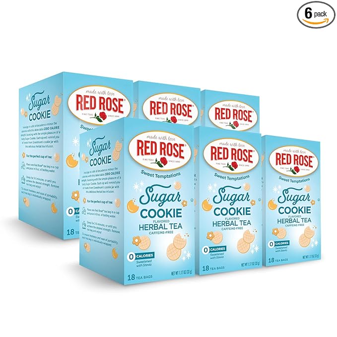 Red Rose Sweet Temptations Dessert Tea Sugar Cookie, Zero Carbs, Zero Sugar Bursting with Flavor Caffeine-Free Delicious Beverage Herbal Tea, 18 Count Pack of 6 Fruit Naturally Flavored Herbal Tea