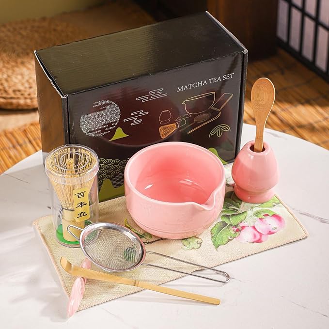 Matcha Set, 8-Piece Ceramic Matcha Bowl & Whisk Kit with Mushroom Pattern, Traditional Japanese Chawan, Bamboo Chasen, Scoop & Sifter