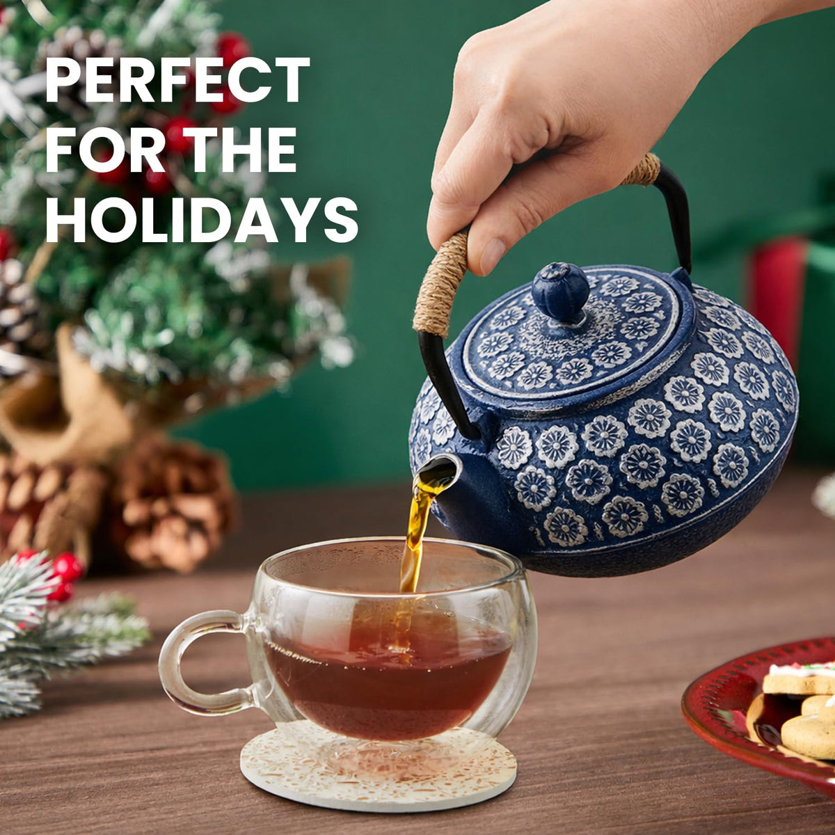 Juvale Japanese Cast Iron Teapot with Infuser & Stovetop Tea Kettle - 34 oz, Blue - Heat Retention, Removable Lid & Fold-Down