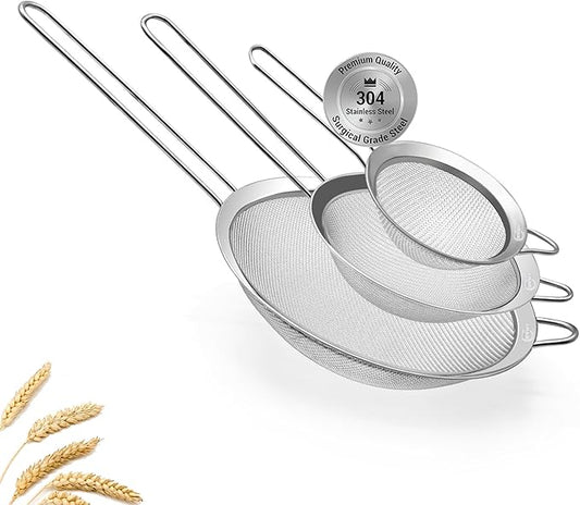 3 Fine Mesh Strainers Set with Handle for Kitchen - Sizes 7", 4.7", 3.3", Easy Clean 304 Stainless Steel, Comfortable Non-Slip Grip. Ideal for Tea, Coffee, Rice, Quinoa, Veggies & Fruits