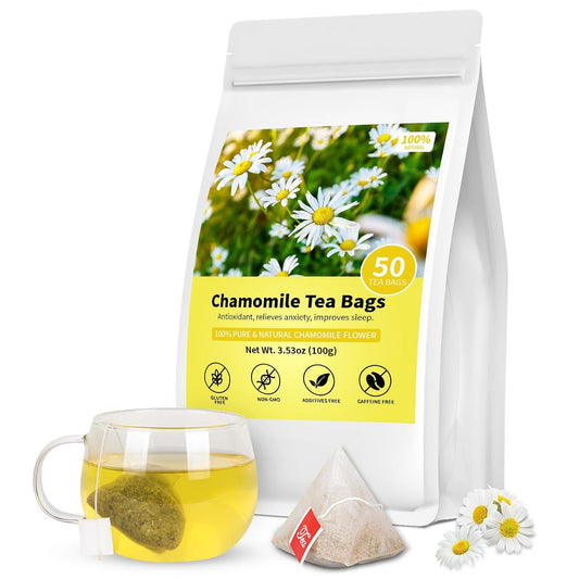 Chamomile Tea Bags, Chamomile Flower Herbal Tea, 50 Teabags, Calming, Supports Healthy Digestion, Caffeine-Free, Sugar-Free,(1 Pack/50 Bags)